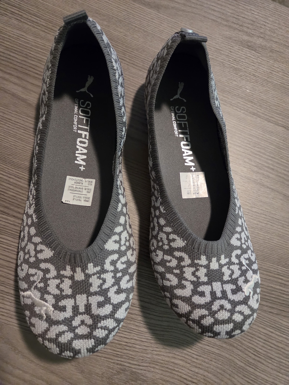 Puma Women's Knit Slip-On Flats in Gray and White Leopard Print